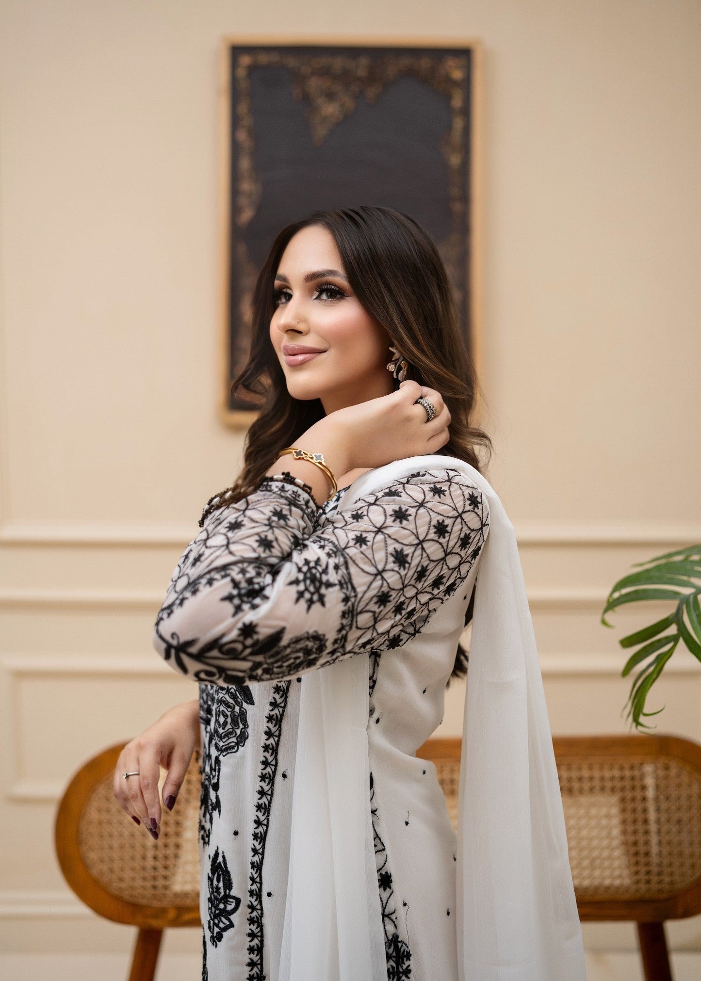 Ladies White Embroidered Partywear Suit Online in UK USA Canada