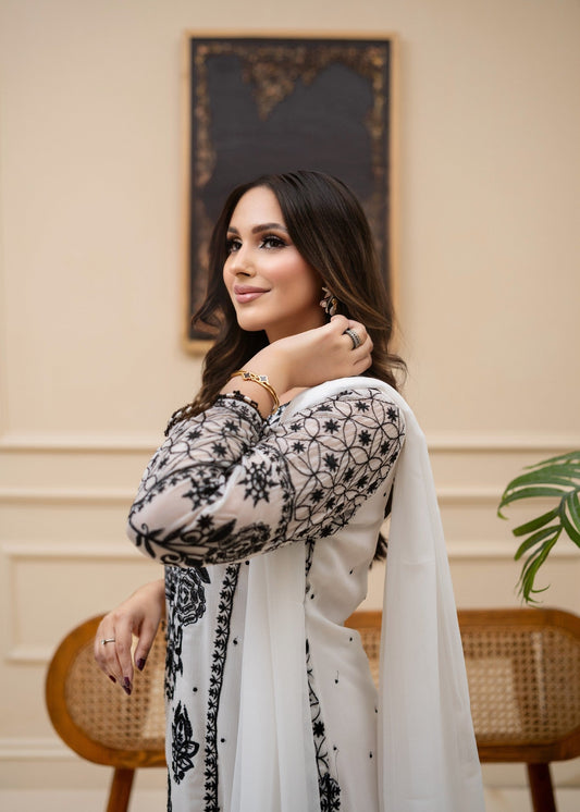 Ladies White Embroidered Partywear Suit Online in UK USA Canada