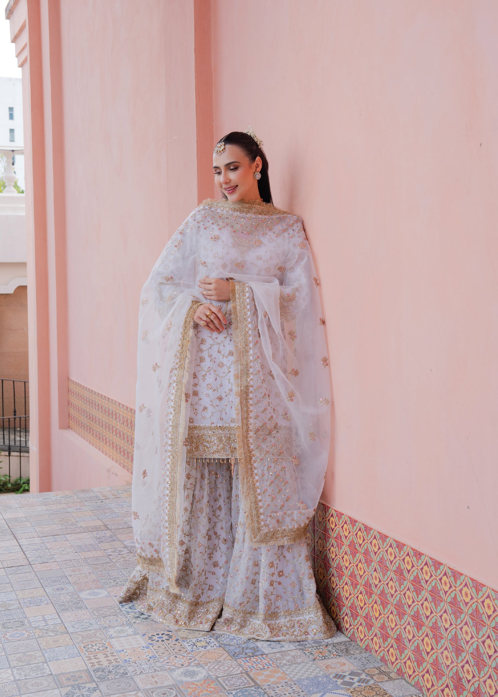 Ladies White Organza Wedding Sharara Online in UK USA Canada