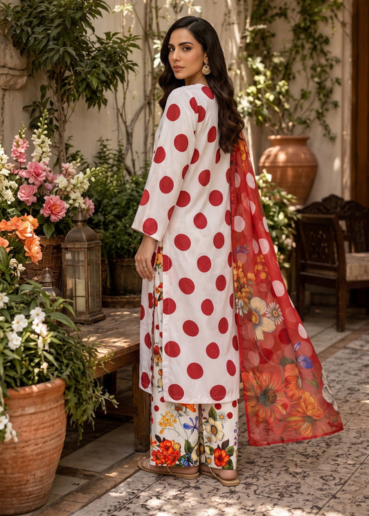 Ladies White Poly Lawn Shalwar Kameez with Chiffon Dupatta Online in UK USA Canada
