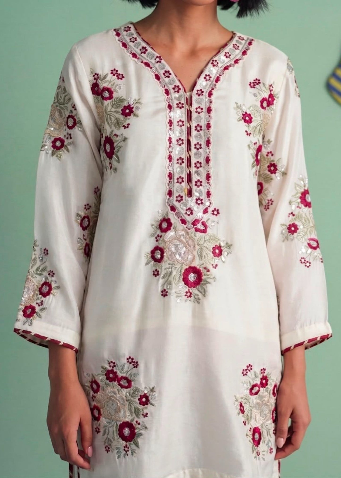 Ladies White Tussar Silk Embroidered Salwar Kameez Online in UK USA Canada