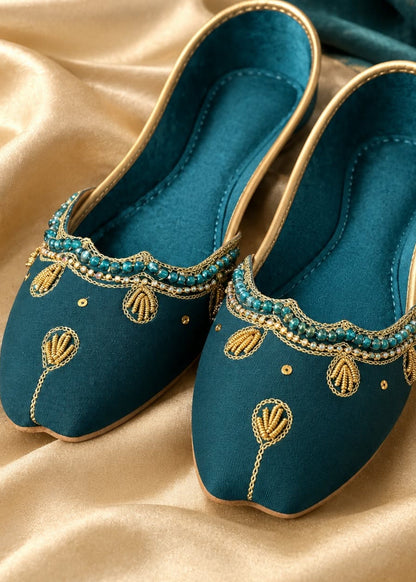 Ladies Yale Blue Silk Khussa Shoes Online in UK USA Canada