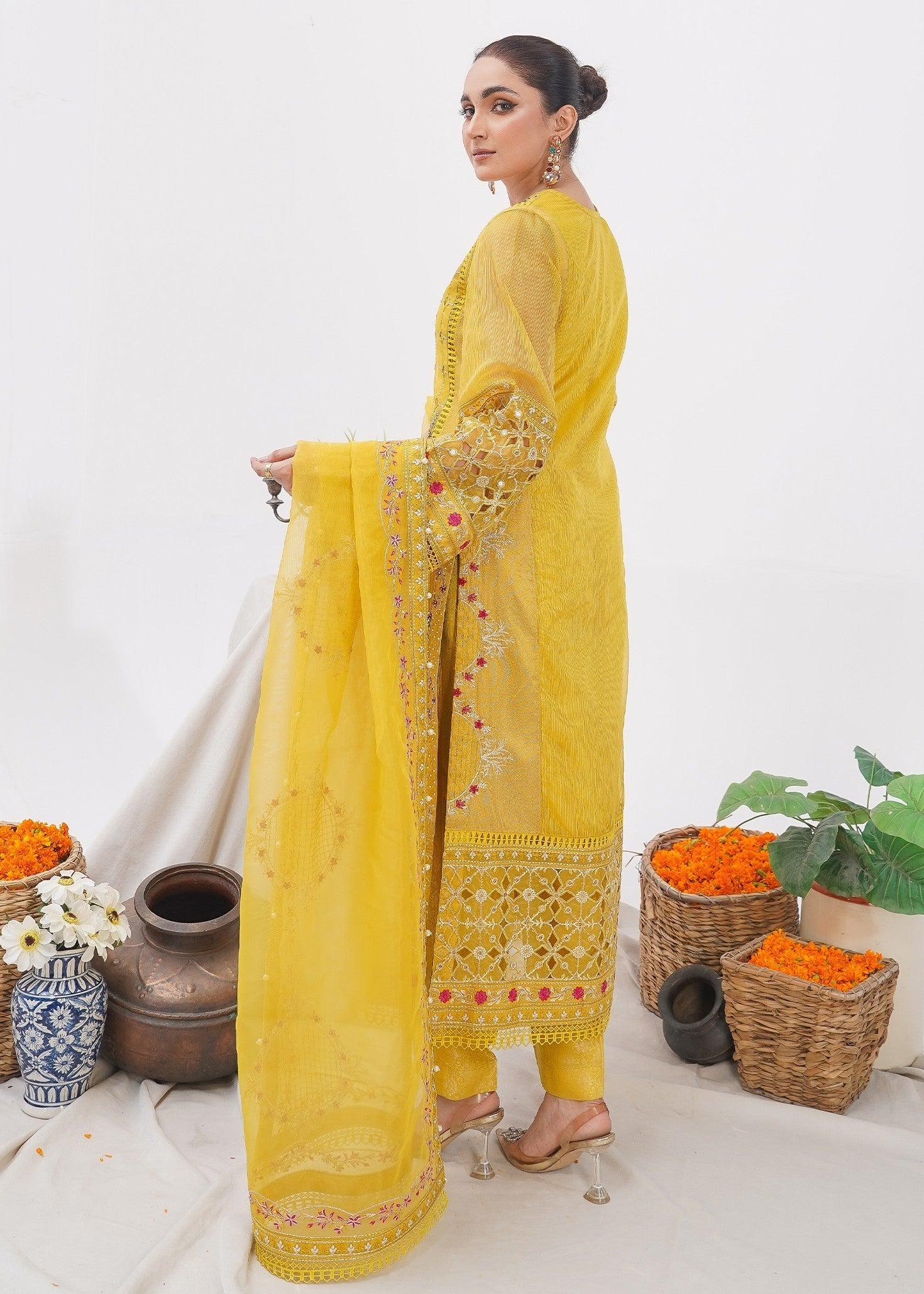 Ladies Yellow Cotton Net Partywear Suit Online in UK USA Canada