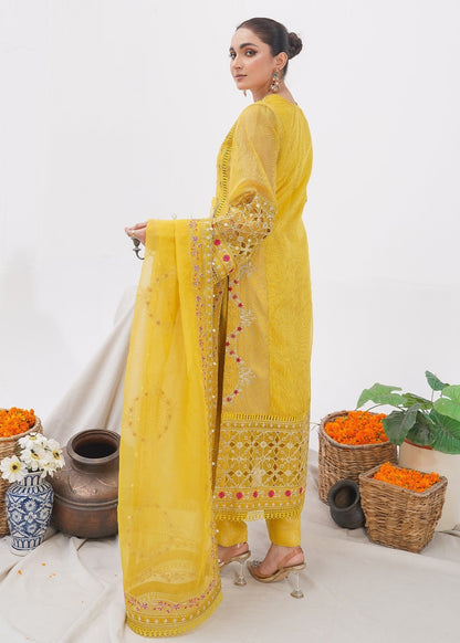 Ladies Yellow Cotton Net Partywear Suit Online in UK USA Canada