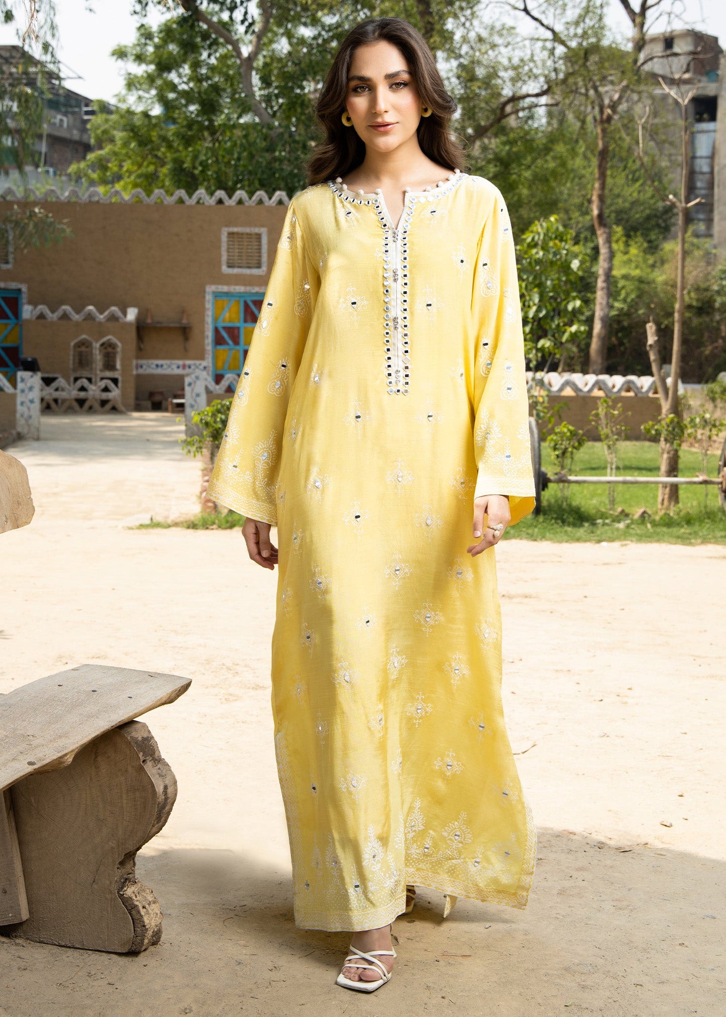 Ladies Yellow Embellished Raw Silk Pakistani Suit Online in UK USA Canada