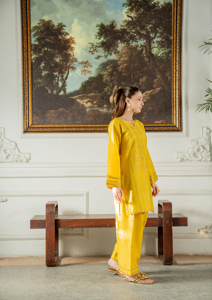 Ladies Yellow Embroidered Cotton Kurta Pajama Online in UK USA Canada