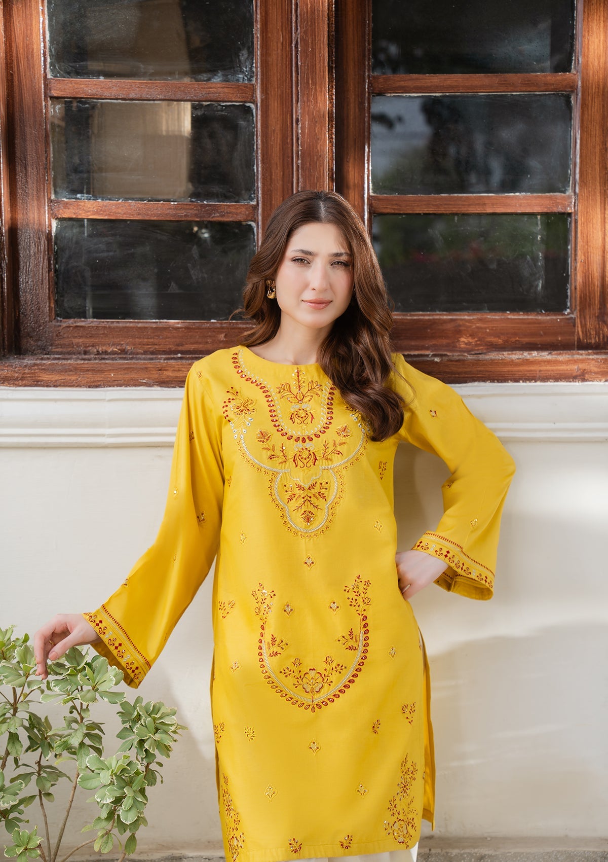 Ladies Yellow Embroidered Cotton Salwar Suit Online in KSA Riyadh Saudi Arabia Oman Bahrain Qatar