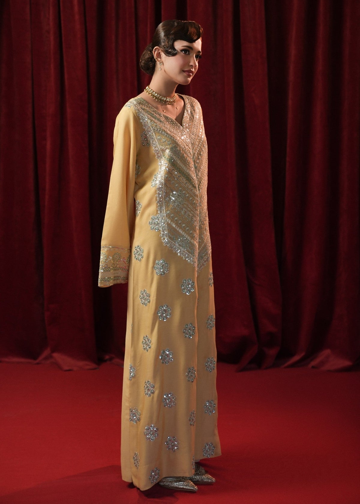 Ladies Yellow Embroidered Kaftan Partywear Online in UK USA Canada