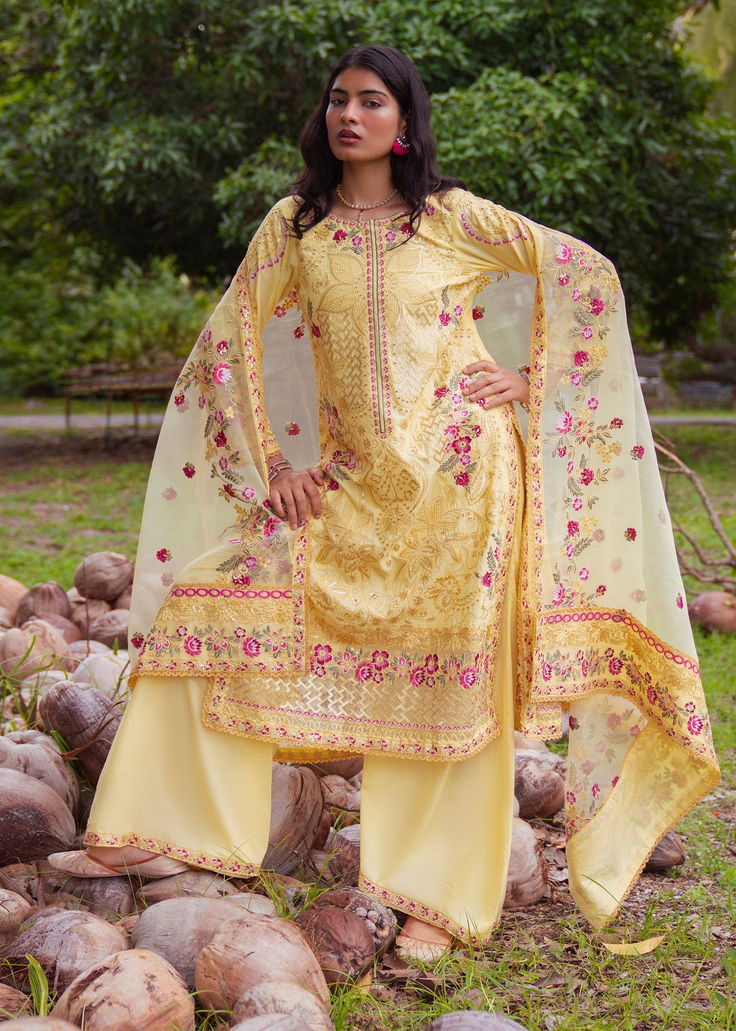 Ladies Yellow Embroidered Lawn Salwar Kameez Online in UK USA Canada