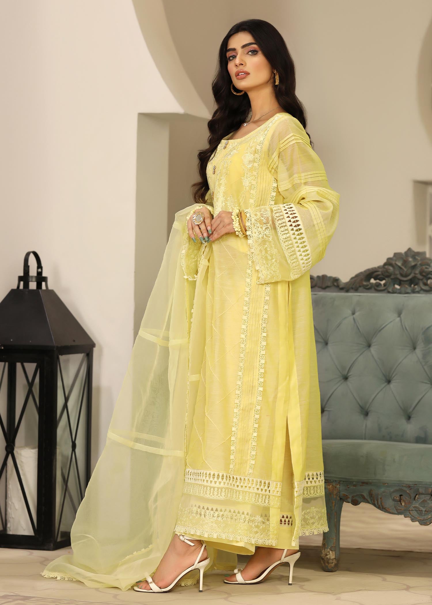 Ladies Yellow Embroidered Long Kurta Suit Online in UK USA Canada