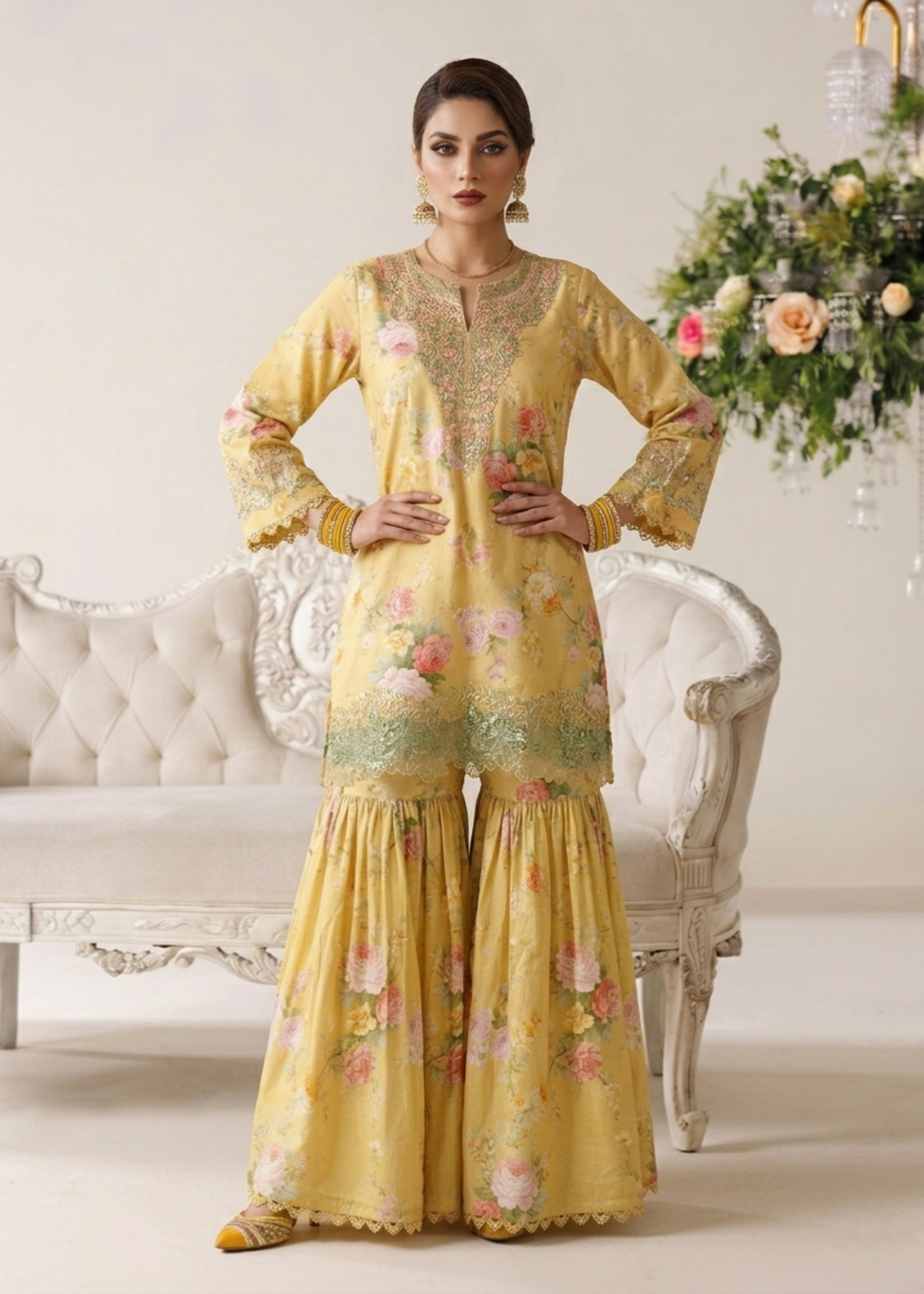 Ladies Yellow Embroidered Shalwar Kameez Online in UK USA Canada