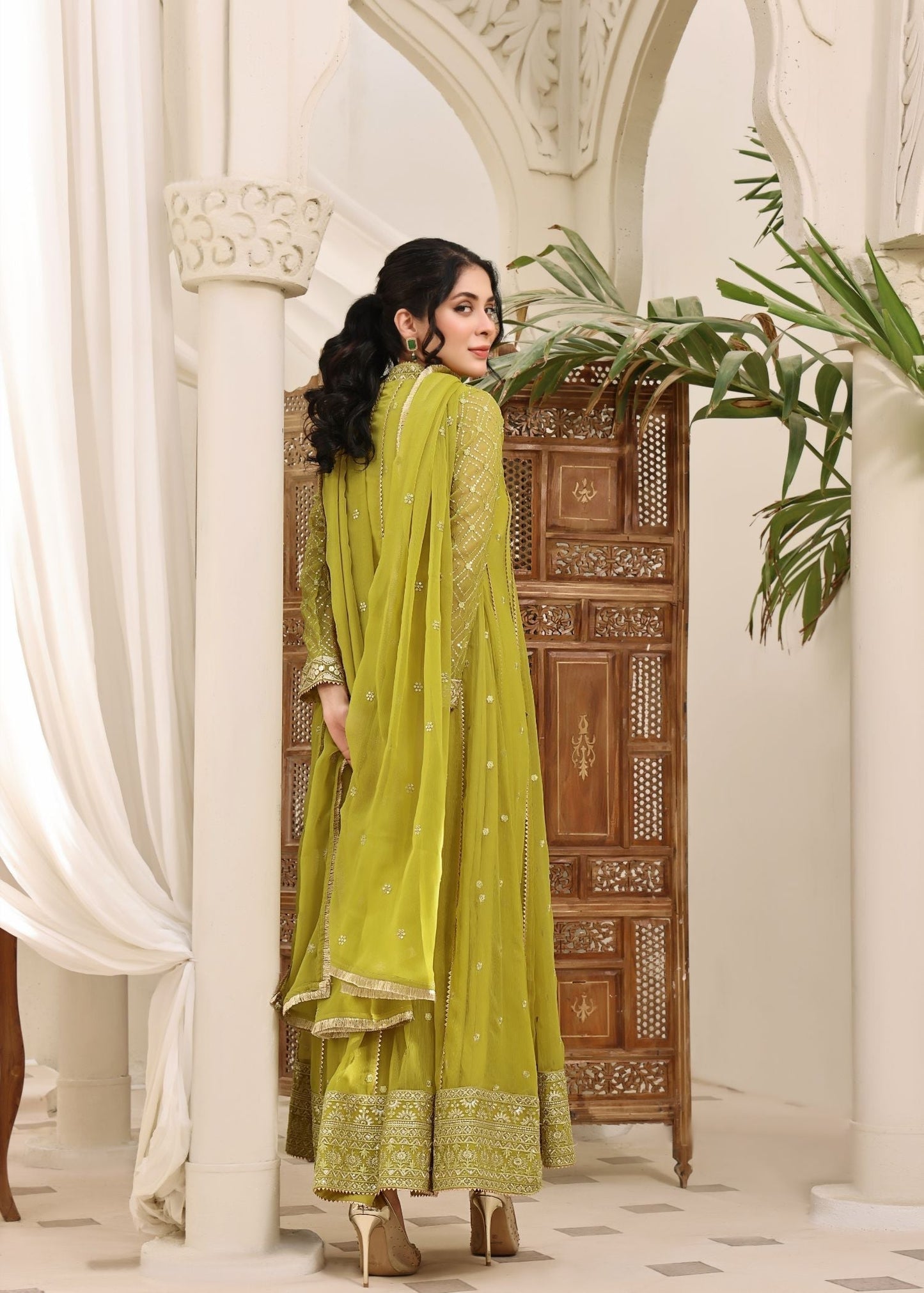Ladies Yellow Green Embroidered Chiffon Designer Suit Online in UK USA Canada
