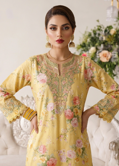 Ladies Yellow Lawn Embroidered Sharara Online in KSA Riyadh Saudi Arabia Oman Bahrain Qatar