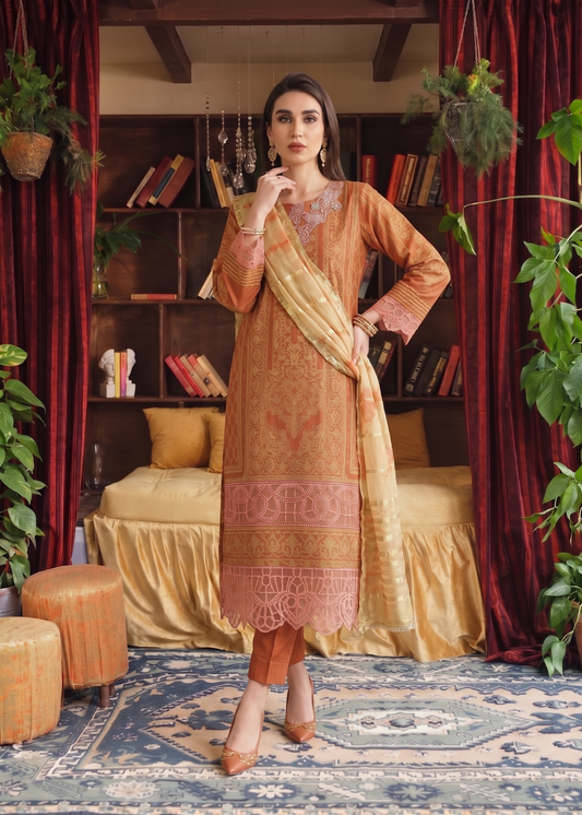 Ladies Yellow-Orange Embroidered Jacquard Shalwar Kameez Online in UK USA Canada