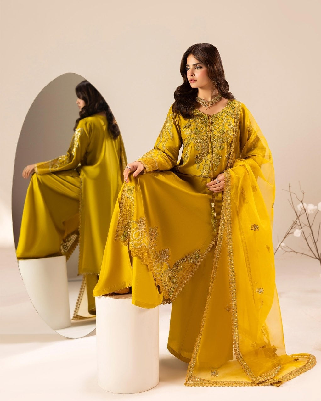 Ladies Yellow Orange Raw Silk Festive Suit Online in UK USA Canada