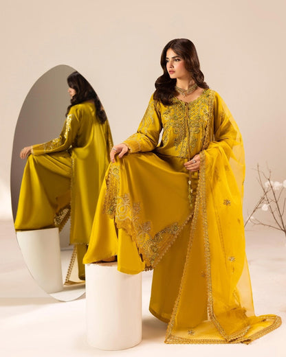 Ladies Yellow Orange Raw Silk Festive Suit Online in UK USA Canada