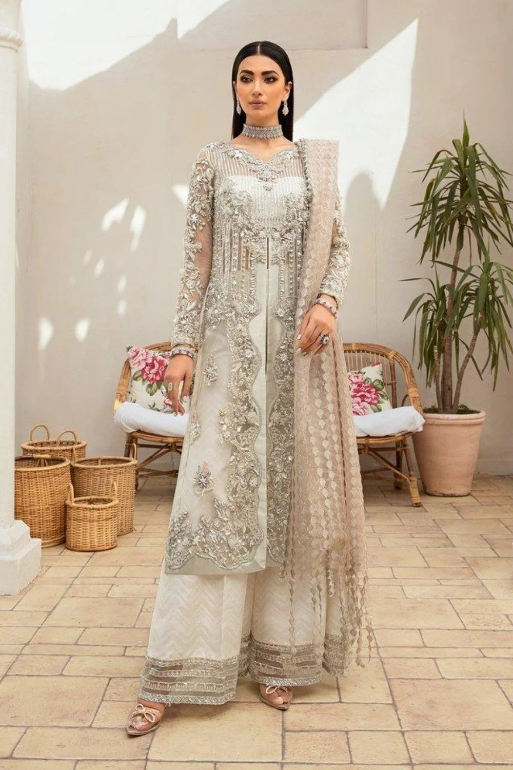 White & Silver Handmade Suit with 3D Work