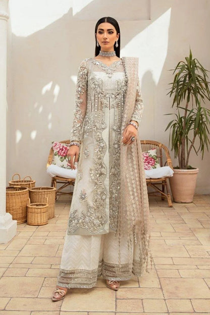 White & Silver Handmade Suit with 3D Work