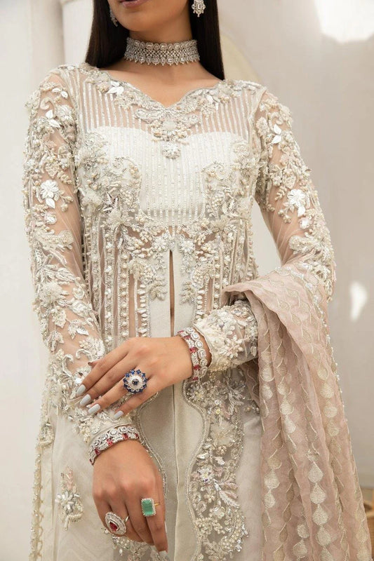 White & Silver Handmade Suit with 3D Work