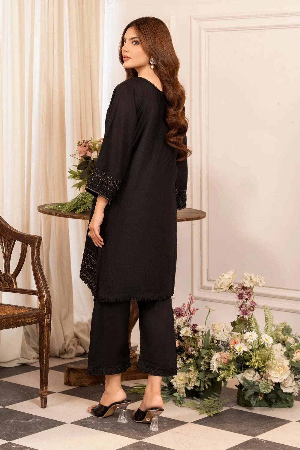 Black Sequins Embroidered Cotton Kurta Set