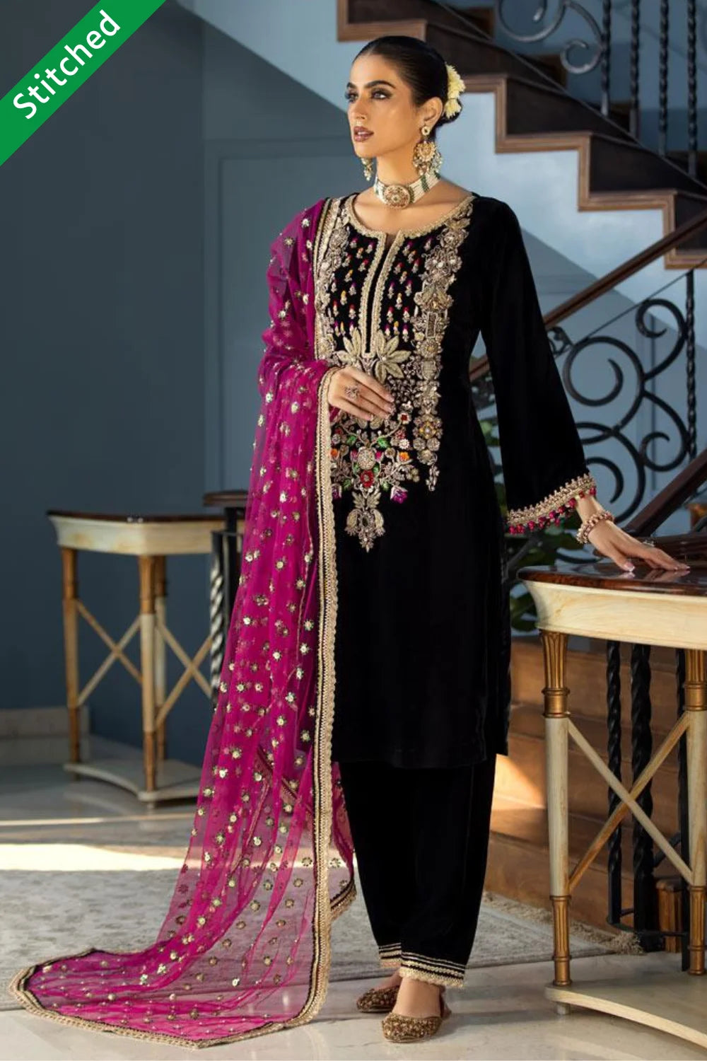 Black Readymade Hand Embroidered Velvet Suit