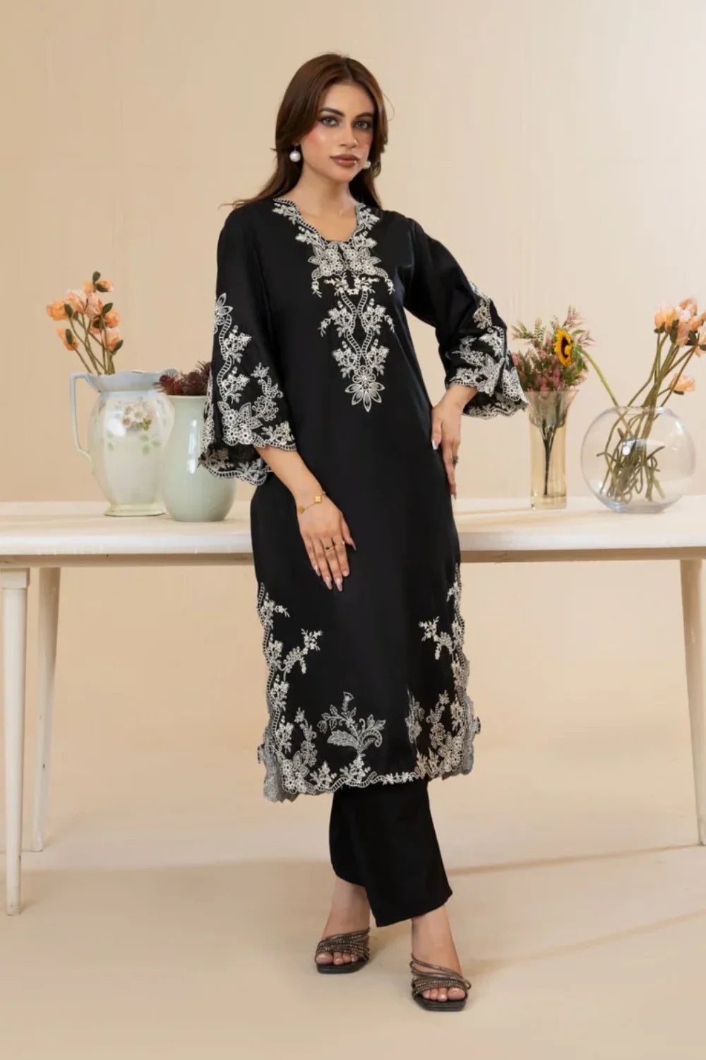 Black Cut Work Embroidered Cotton Kurta Set