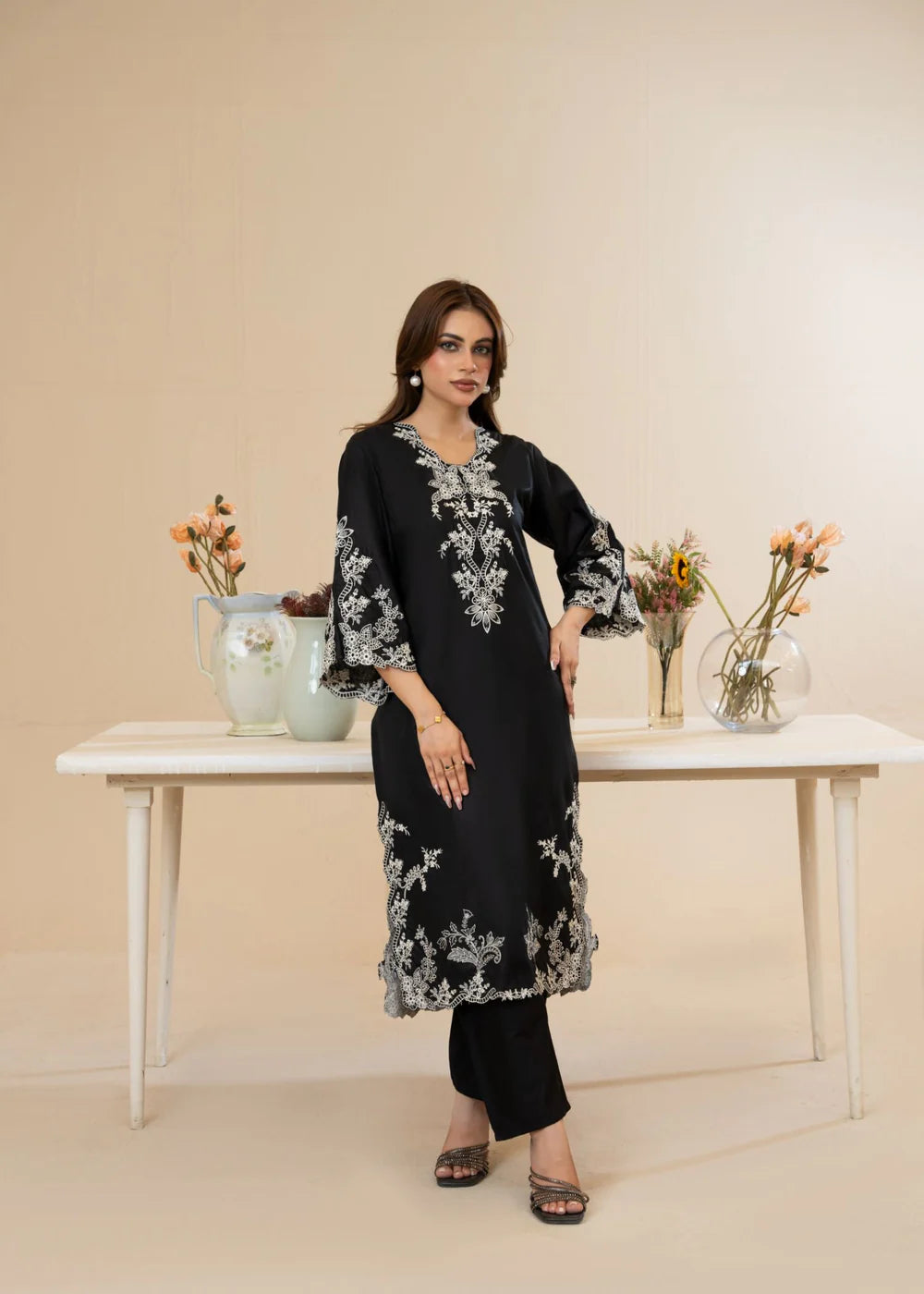 Black Cut Work Embroidered Cotton Kurta Set