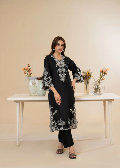 Black Cut Work Embroidered Cotton Kurta Set