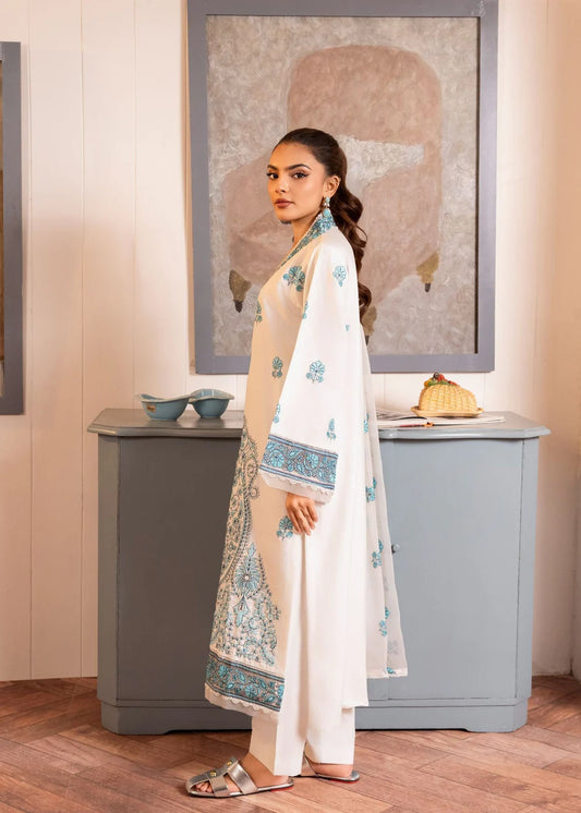 Off White Embroidered Linen Kurta Set with Dupatta