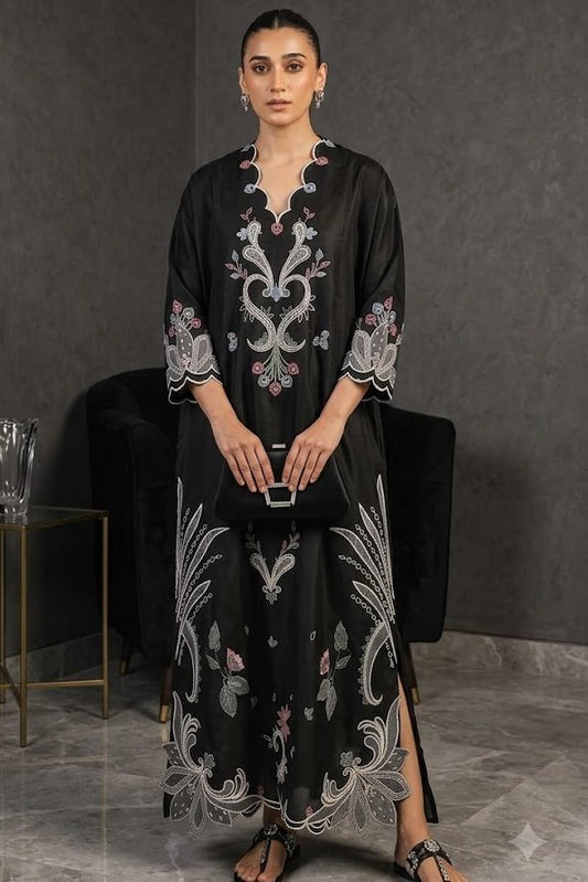 Black Sheesha Silk Embroidered Kaftan with Boring Cutwork Details