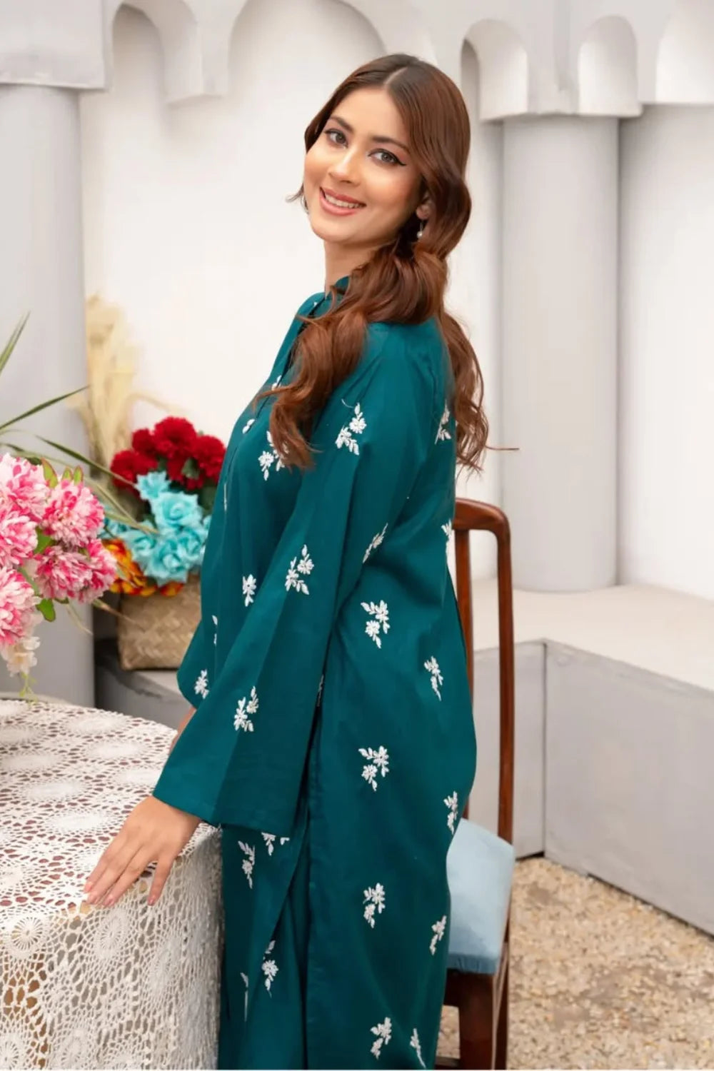 Teal Embroidered Cotton Kurta Set