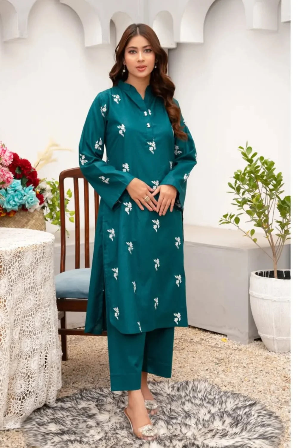 Teal Embroidered Cotton Kurta Set