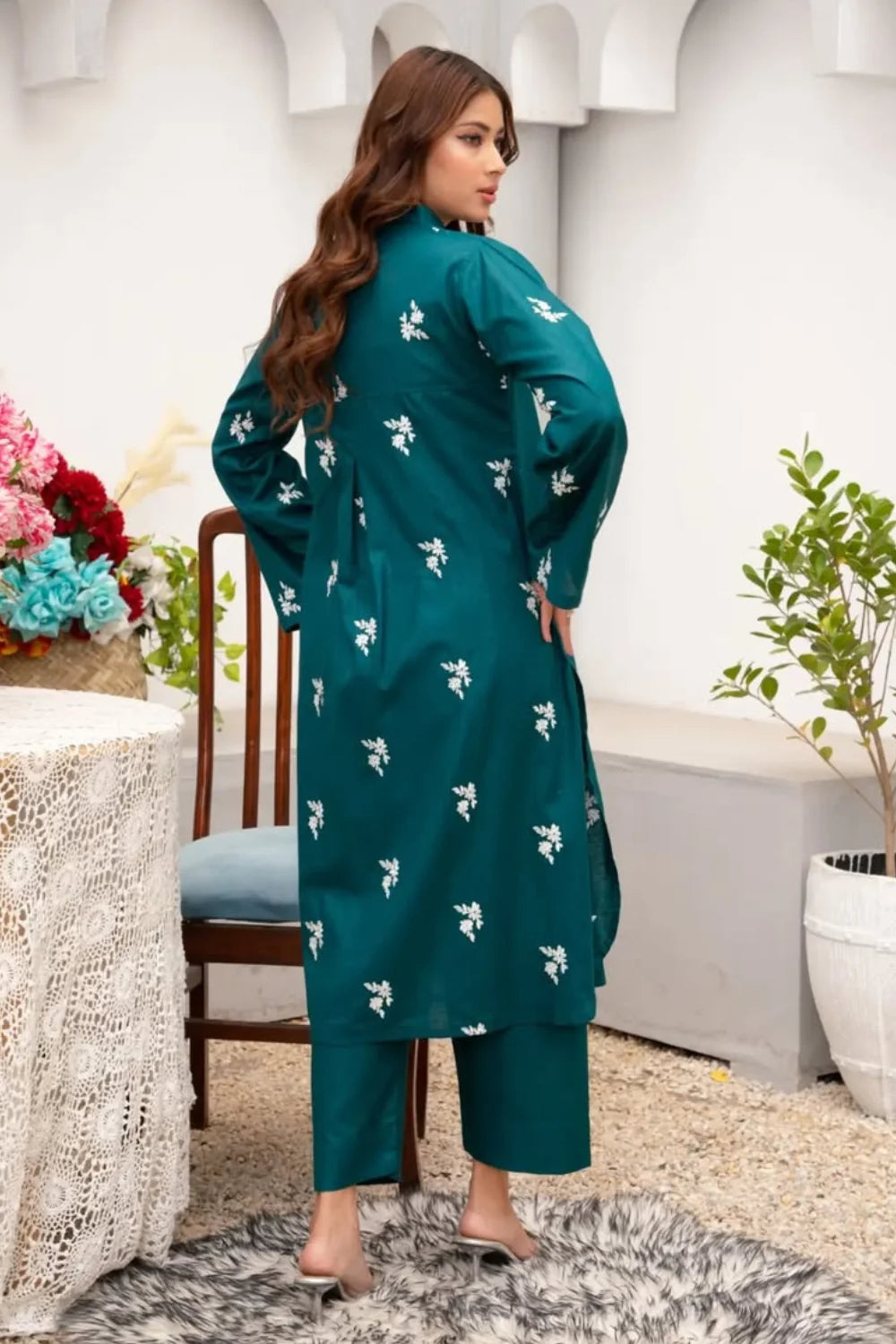 Teal Embroidered Cotton Kurta Set