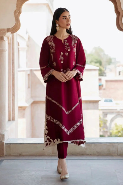 Burgundy Embroidered Cotton Long Kurta Set