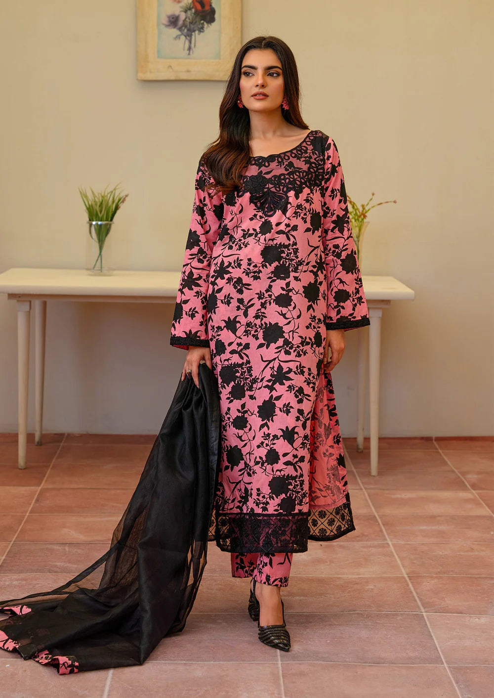 Pink Cotton Long Kurta Set with Dupatta