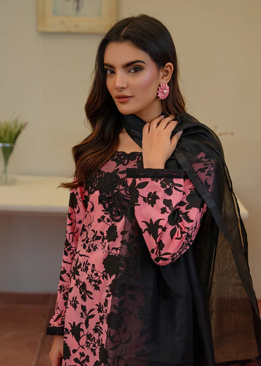 Pink Cotton Long Kurta Set with Dupatta