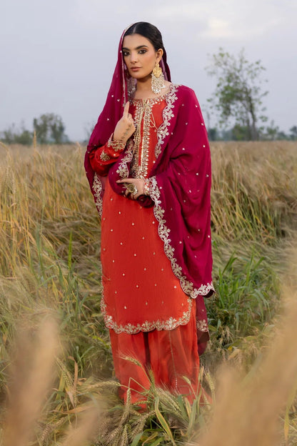 Rust Orange Embellished Korean Raw Silk Suit