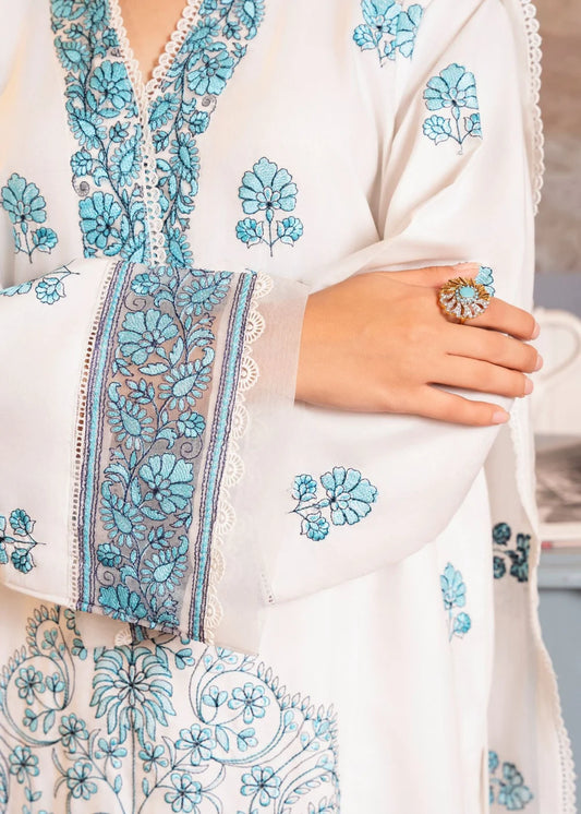 Off White Embroidered Linen Kurta Set with Dupatta