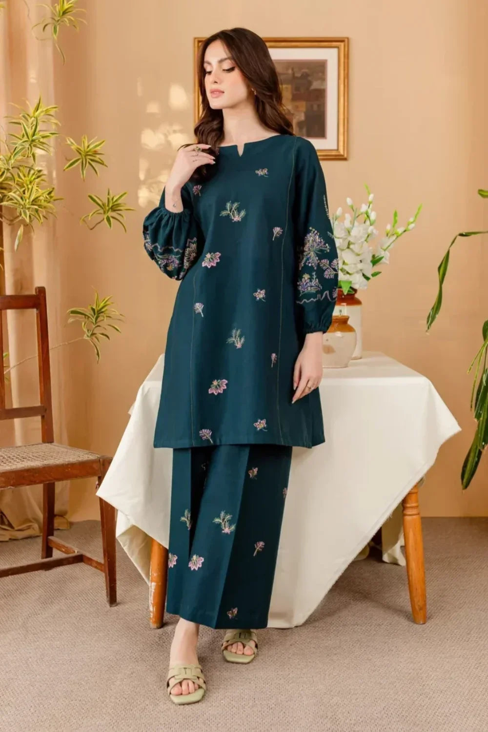 Teal Blue Embroidered Cotton Kurta Set