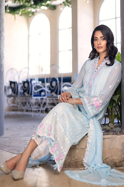 Sea Blue Chiffon Embroidered Suit