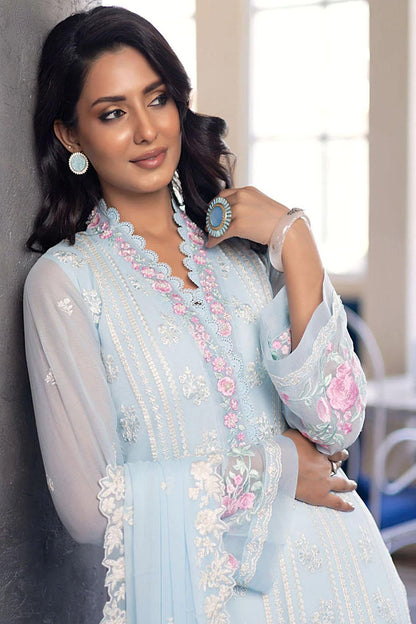 Sea Blue Chiffon Embroidered Suit