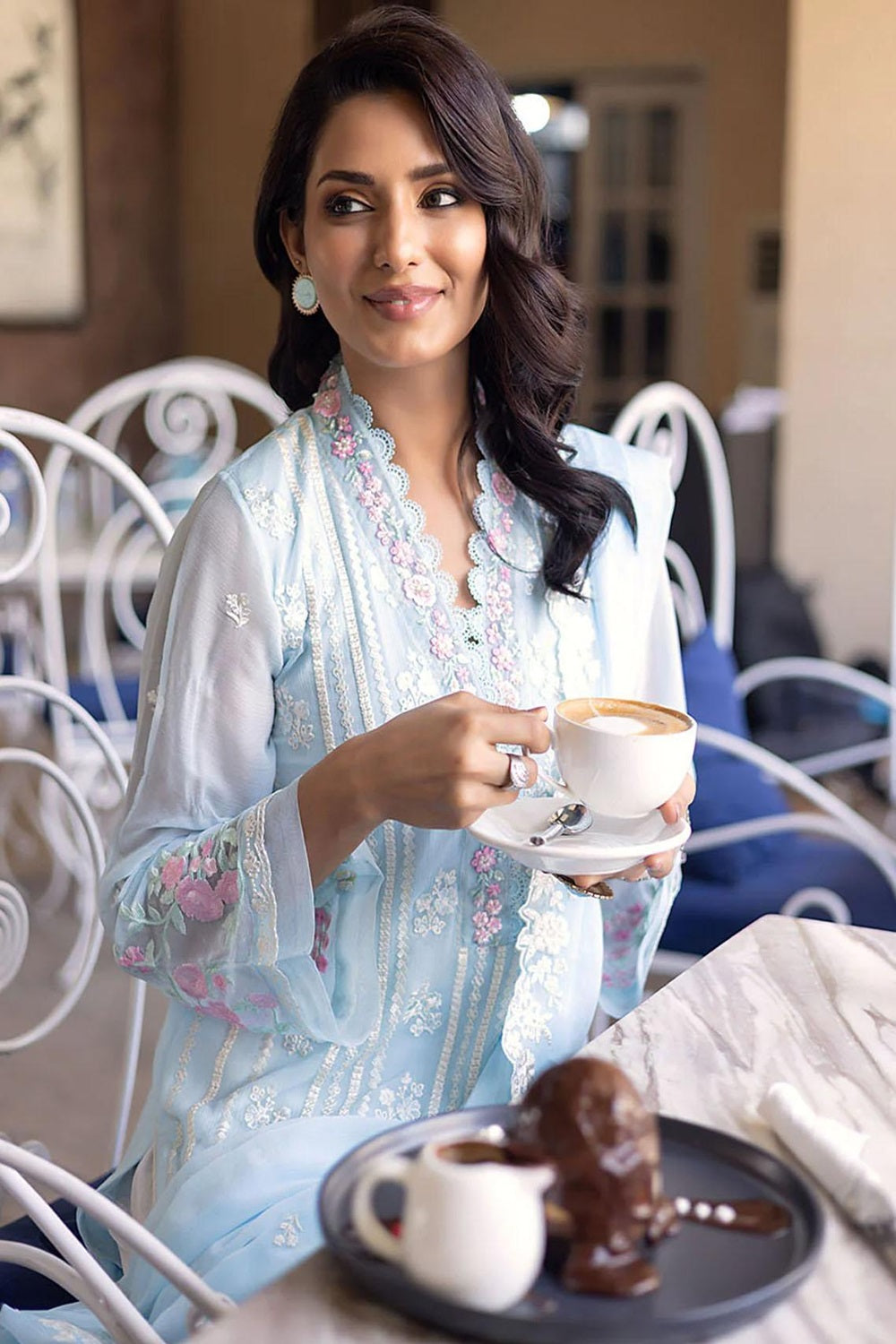 Sea Blue Chiffon Embroidered Suit