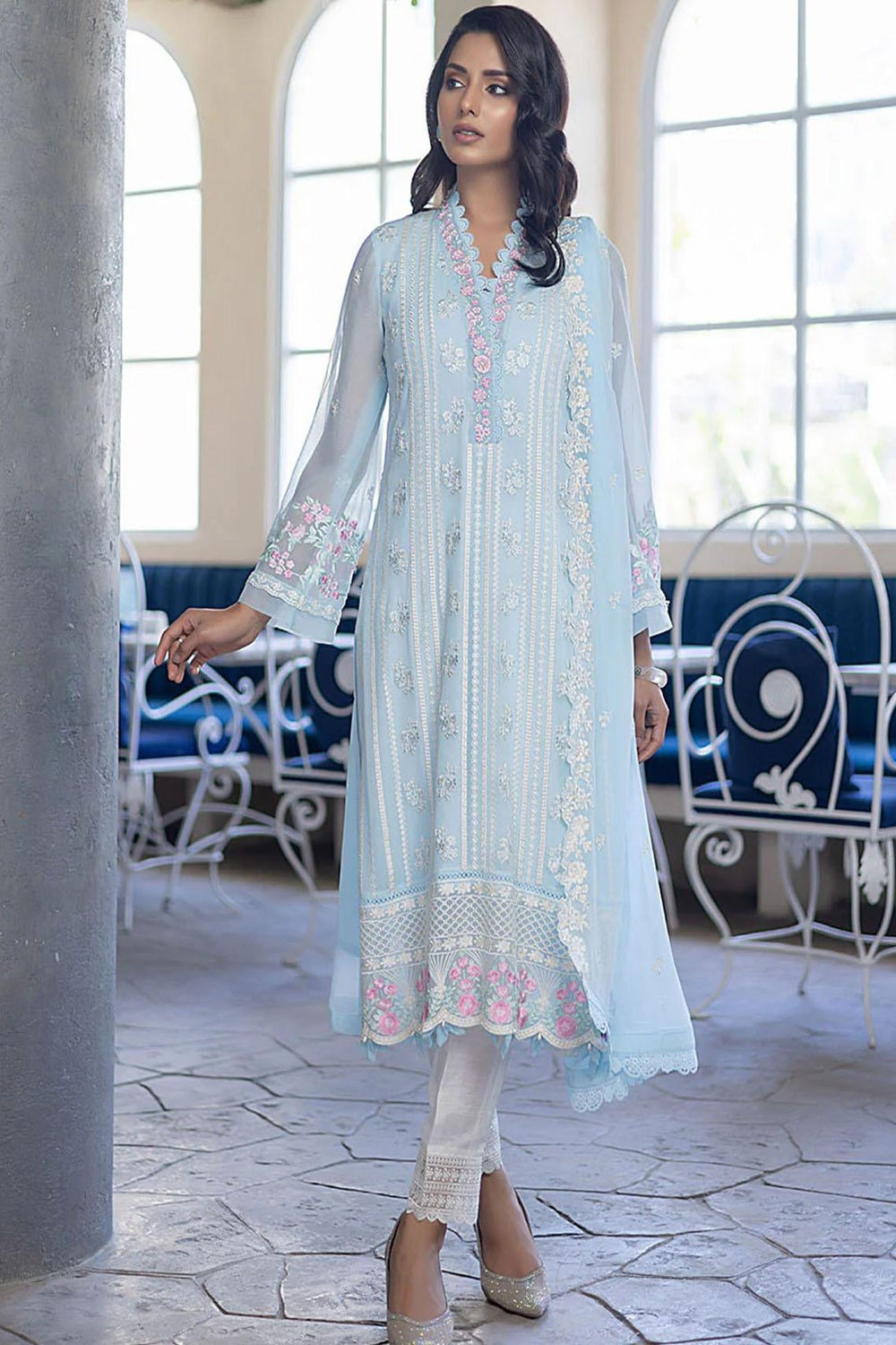 Sea Blue Chiffon Embroidered Suit