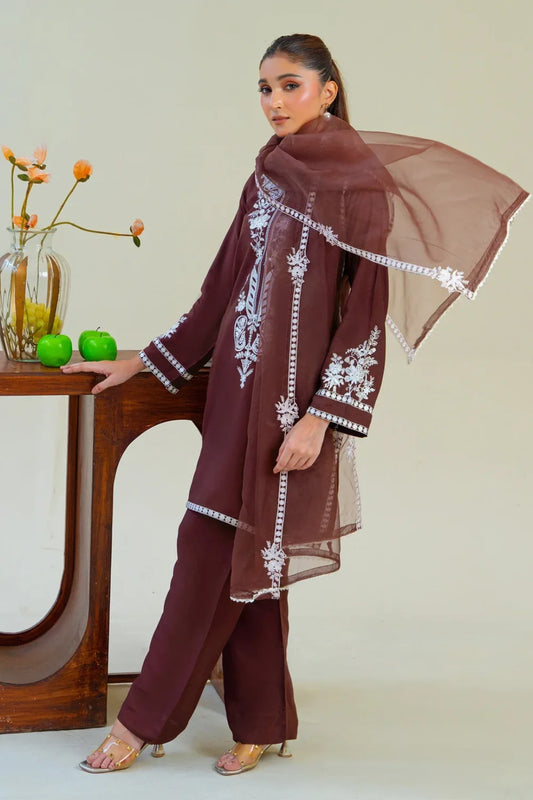 Brown Viscose Raw Silk Embroidered Kurta Set with Dupatta
