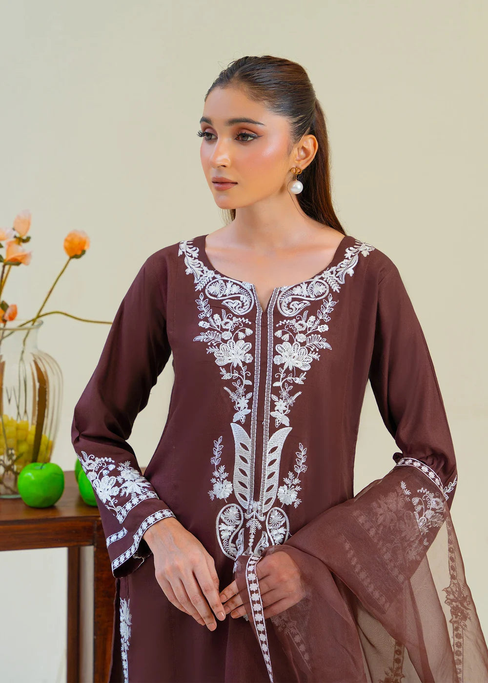Brown Viscose Raw Silk Embroidered Kurta Set with Dupatta