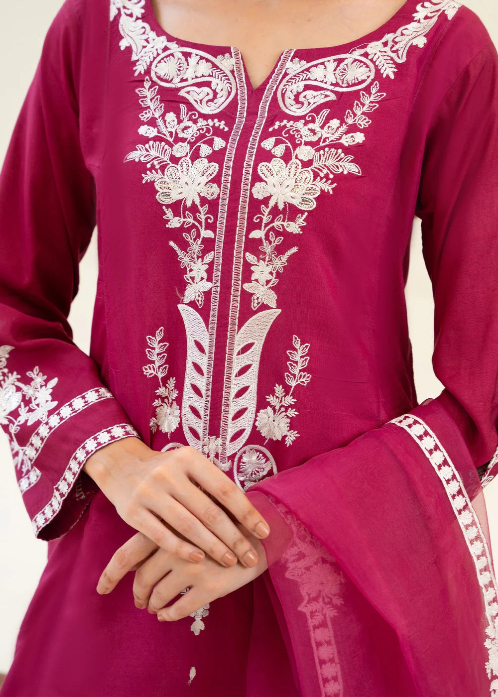 Magenta Pink Viscose Raw Silk Embroidered Kurta Set with Dupatta
