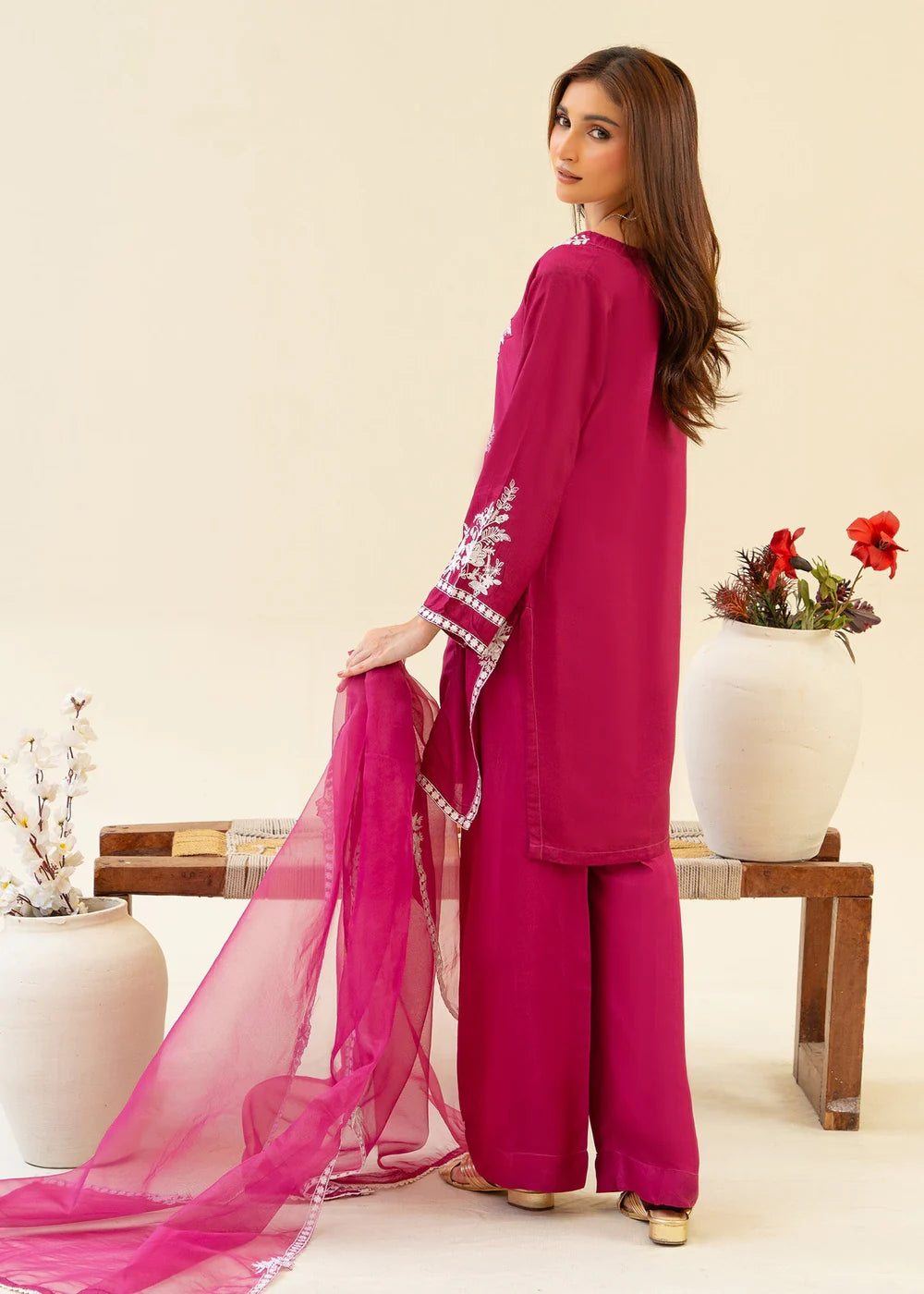 Magenta Pink Viscose Raw Silk Embroidered Kurta Set with Dupatta