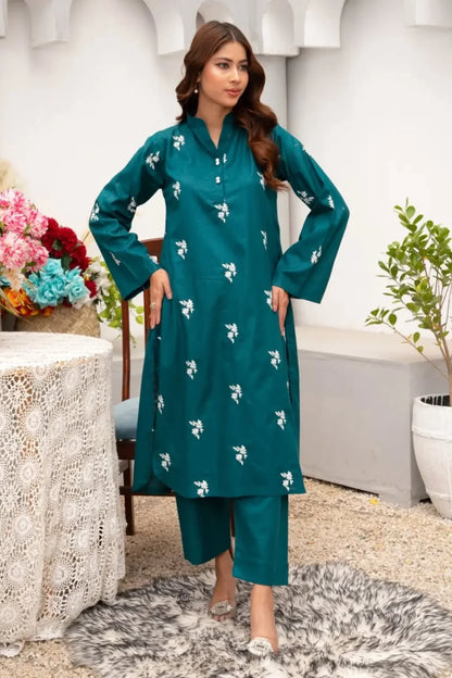 Teal Embroidered Cotton Kurta Set