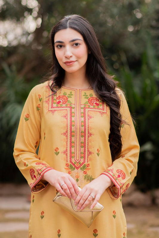 Embroidered Yellow Winter Kurta Pant Set