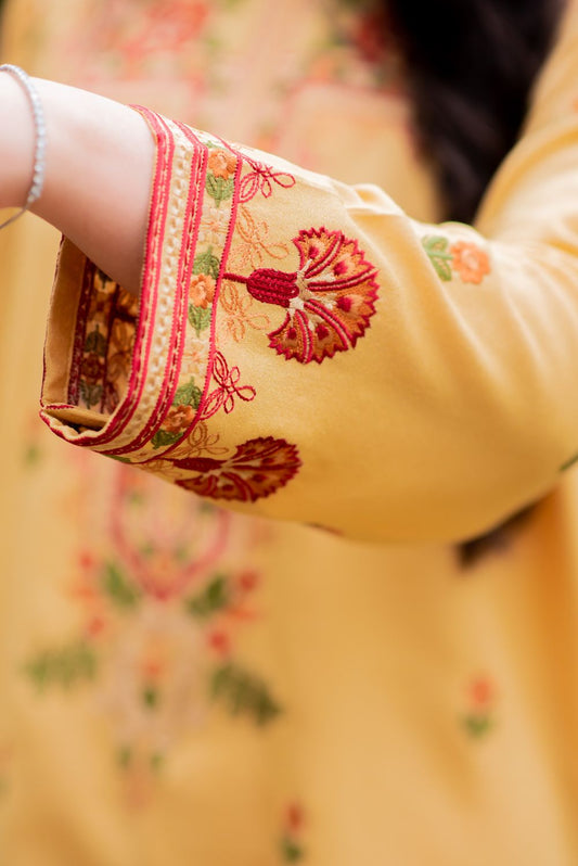 Embroidered Yellow Winter Kurta Pant Set
